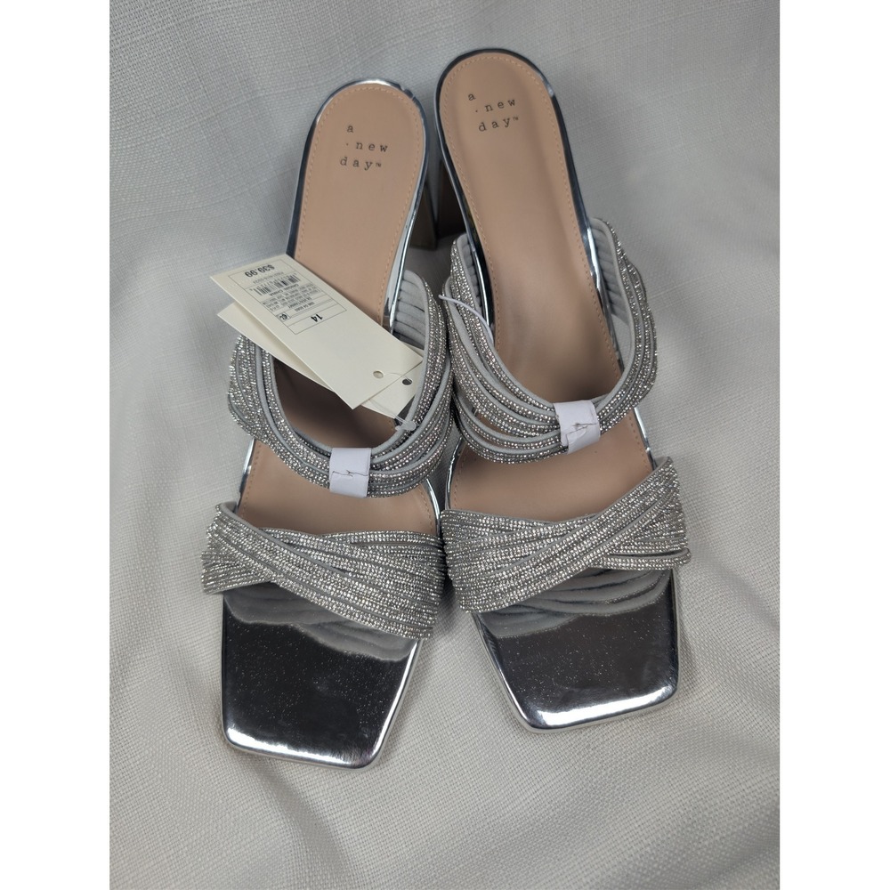 A New Day Tammy Silver Rhinestone Multi Strap Block Heel Sandals Womens 14 NEW